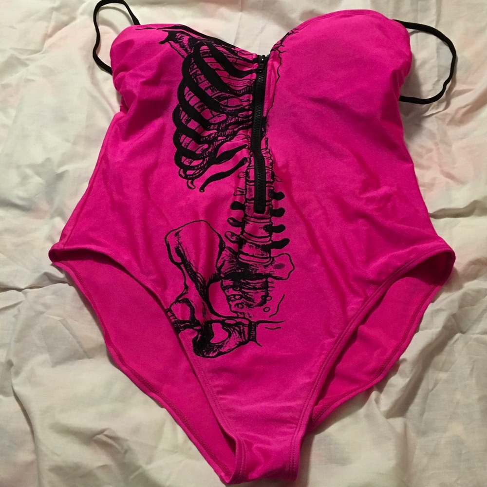 Iron Fist Hot Pink One-Piece Swimsuit with Black Skeleton Print